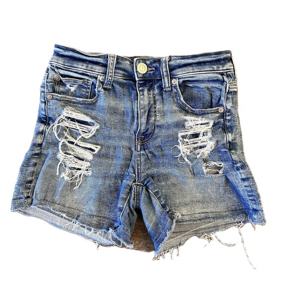 American Eagle Outfitters Pants - American Eagle Mid Rise Next Level Stretch Denim Shorts Distressed Frayed Size 2